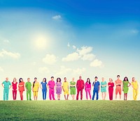 Colorfully Dressed Multi-Ethnic People in a Row Outdoors