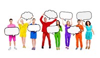 Colorfully Dressed Multi-Ethnic People in a Row Isolated on White and Holding Empty Speech Bubbles