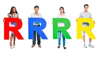 Multi-ethnic group of people holding letter "R"
