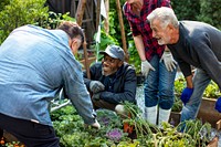 Group of people gardening backyard together