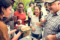 Group of Diverse People Testing Cheese at Food Stall