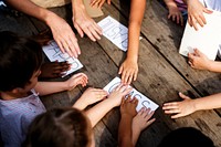 Group of children hand with word of recycle stuff