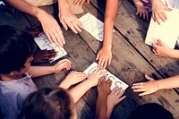 Group of children hand with word of recycle stuff