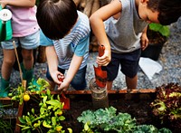 Diverse group of children planting