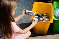 Little Kids Separating Recycle Can to Trash Bin