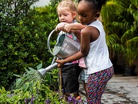 Children are in the garden watering the plants