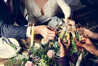 People Cling Wine Glasses on Wedding Reception with Bride and Gr