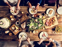 Aerial view of a table full of food