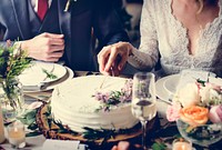 Newlyweds cutting the wedding cake