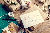 Thank You Card with Wrapped Craft Paper Gift Box Background