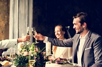 People Cling Wine Glasses on Wedding Reception with Bride and Gr