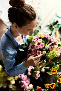 Close up florist flower arrangement skill