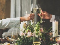 People Cling Wine Glasses on Wedding Reception with Bride and Groom