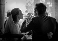 Couple at the wedding day reception table