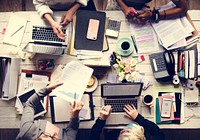 Business team working at workspace in aerial view