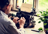 Man Using Retro Typewriter Machine Work Writer