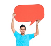 Cheerful Young Casual Man Holding Speech Bubble