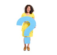 A Casual Woman Holding a Blue Question Mark