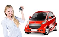 Young Woman Holding a Car Key and Red Car at the Back