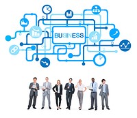 Group of Business People holding Devices with Pipeline Above them Containing Business Icons