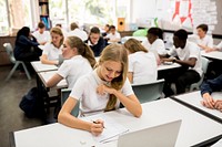 Group of diverse high school students studying in class