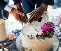 Gay Couple Hands Cutting Wedding Cake