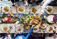 Aerial view of wedding reception table at dinner