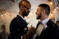 Closeup of Newlywed Gay Couple Dancing on Wedding Celebration