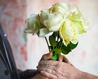 Hands Holding Fresh Real White Rose Flowers Bouquet