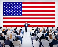 Business Meeting With An American Flag As A Background