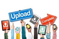 Group of Hands Holding Digital Devices with Upload Concept