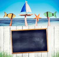 Empty Black Board on White Fence with Hands Holding Objects