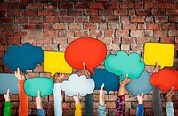 Group of Diverse Hands Holding Colorful Speech Bubbles