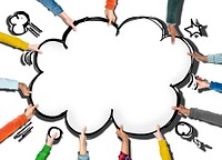 Group of Hands Holding Speech Bubble Cloud Shape