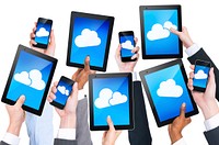 Group of Hand Holding Digital Devices with Cloud Symbol