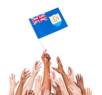 Human hand holding Anguilla flag among multi-ethnic group of people's hand
