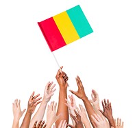 Group Of Multi-Ethnic People Reaching For And Holding The Flag Of Guinea