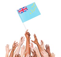 Human hand holding Tuvalu flag among multi-ethnic group of people's hand