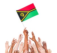 Human hand holding Vanuatu flag among multi-ethnic group of people's hand