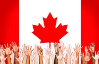 Multi-Ethnic Hands With Flag Of Canada For The Background.