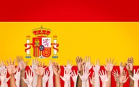 Group of Multi-Ethnic Arms Raised and a Flag of Spain as a Background