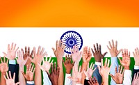 Group of Multi-Ethnic Arms Raised and a Flag of India as a Background