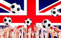 Raised Arms and British Flag as a Background for World Cup