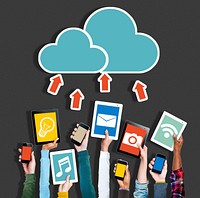 Hands Holding Digital Devices Cloud Networking