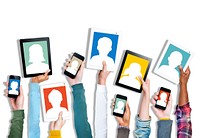 Group of Hands Holding Digital Devices with Avatar