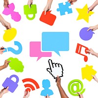 Hands Holding Social Networking Concept Symbols and Speech Bubble