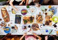 Aerial view of people eating food together
