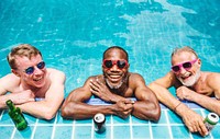 Group of diverse senior men enjoying the pool together