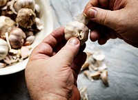 A person peeling garlic