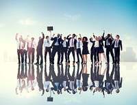 Business People Hands Raised Rooftop City Concept